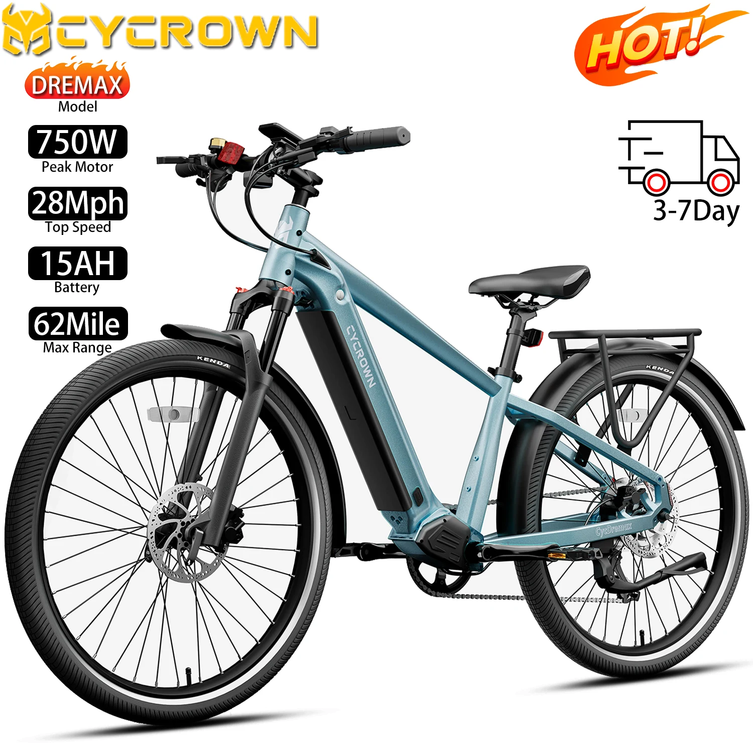 

Электрический велосипед для взрослых CYCROWN DREMAX 27,5 дюйма, 750 Вт, верхняя скорость, 28 миль в час, городской электронный велосипед, 48 В, 15 Ач, максимальный диапазон 62 миль, нагрузка 330 фунтов, новый