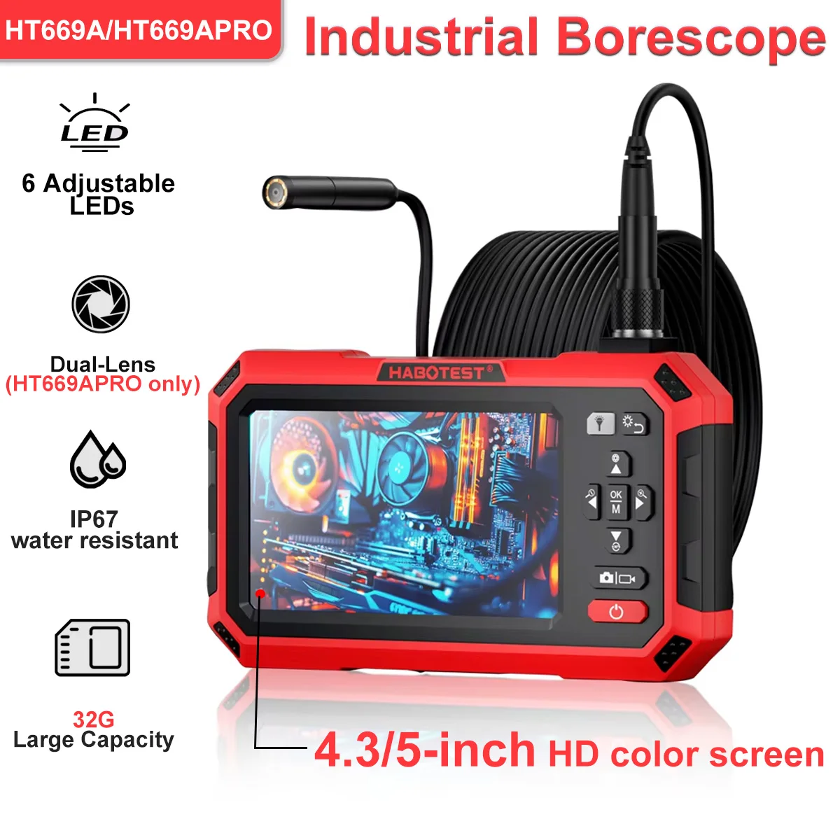 

1080P Industrial Endoscopes HT669A Pro 5-inch Dual-lens USB Endoscopes Camera Waterproof Mechanical Sewer Pipe Inspection Camera