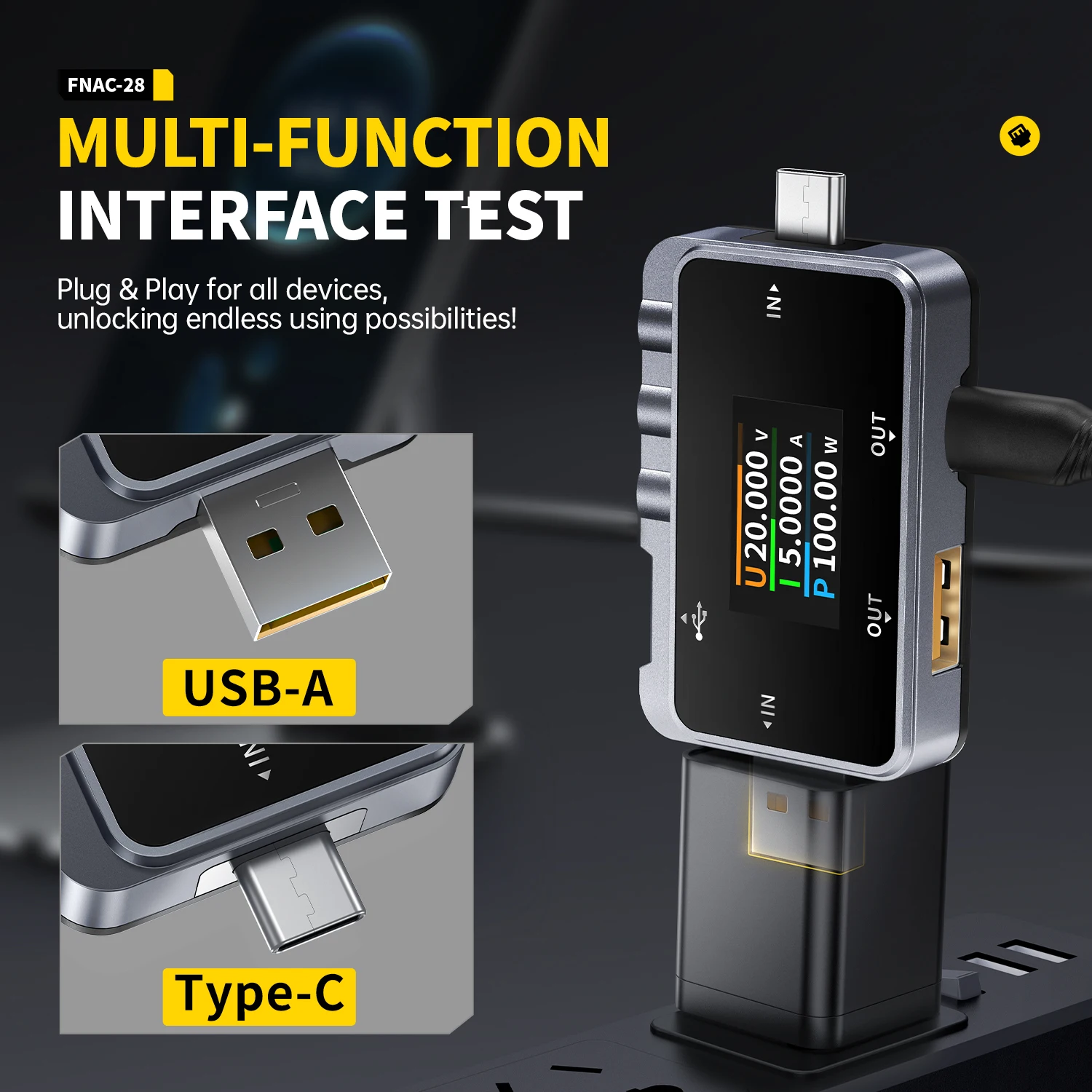 FNIRSI FNAC-28 2 IN 1 Type-C USB Tester Digital Voltmeter Ammeter Amperimetor Voltage Current Meter Power Bank Charger Measure