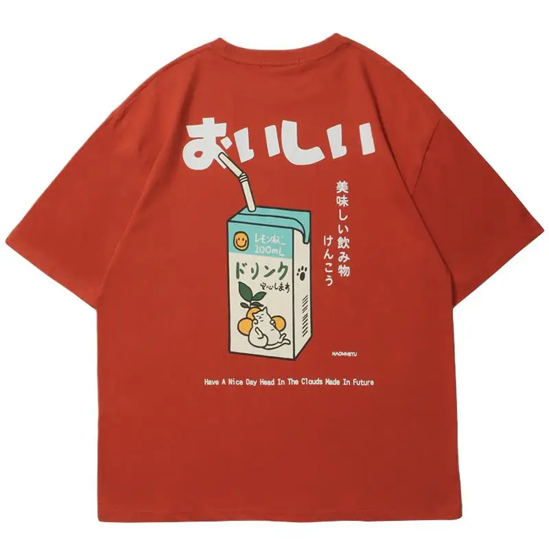 

Oversized Kawaii T Shirt Men Short Sleeve Japanese Cartoon Tee With Cat Print Harajuku Style Red Cotton Graphic Streetwear Top