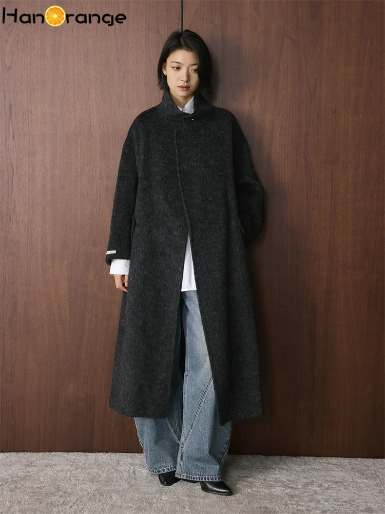 

HanOrange 2025 Winter Simple Fashion Stand Collar Double Woolen Wool Coat Women with Belt Warm Coat Apricot/Floral Gray