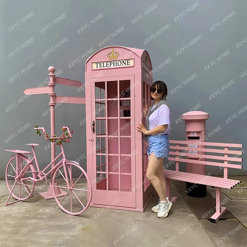 Telephone Booth Decoration Retro Iron Art Props Model Post Box Road Sign Bench Mall Bar Large Decoration