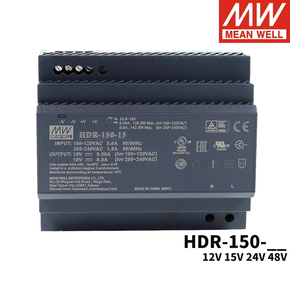 Imagem -05 - Mean Well Hdr150 85264vac para dc 12v 15v 24v 48v Meanwell Ultra Slim Passo Forma Din Rail Fonte de Alimentação Hdr-150-12 Hdr-150-24