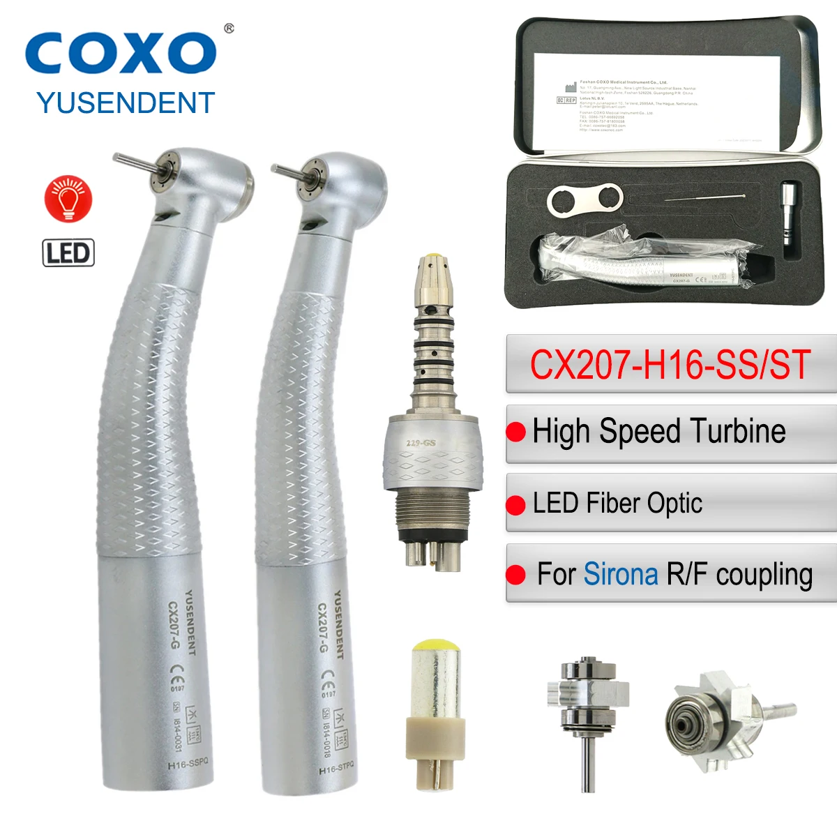 

COXO High Speed Handpiece CX207-G-H16-STPQ/SSPQ Dental Turbine Fiber Optic High Speed Handpiece Fit SIRONA R/F Coupling 6 Pin