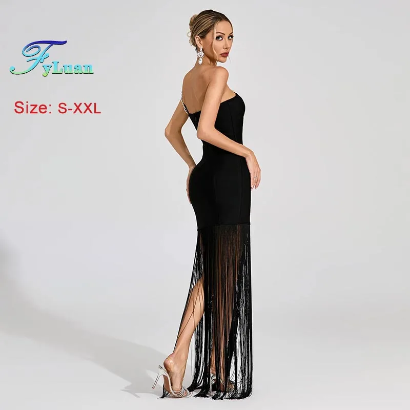 2025年新作ファッション レディース服 セクシー ホット ラインストーン ショルダーストラップ ドレス ブラック タッセル スリム ミニドレス ボディコン イブニングドレス