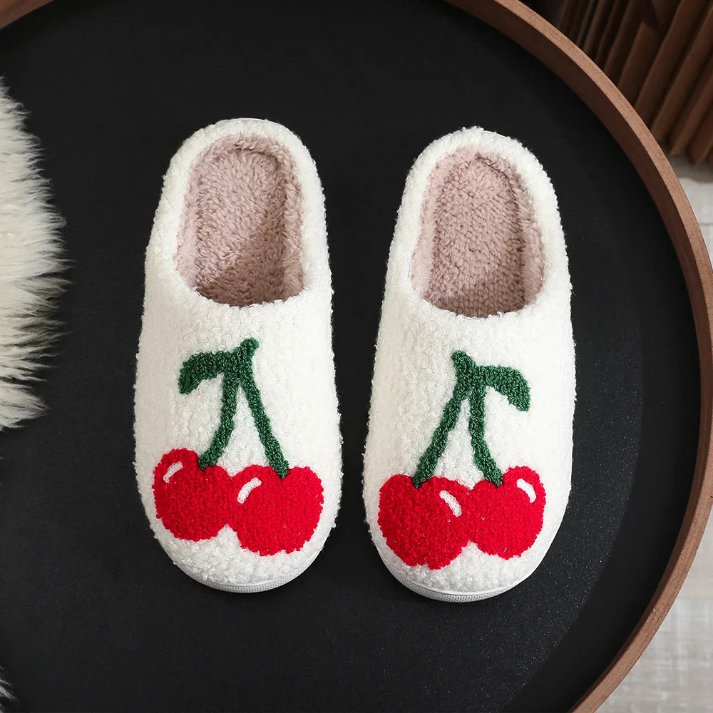 Women Cute Cherry Home Slippers Fluffy Thickened Strawberry Plush Slippers Winter Warm Sweet Anti-slip Couple Christmas Gift