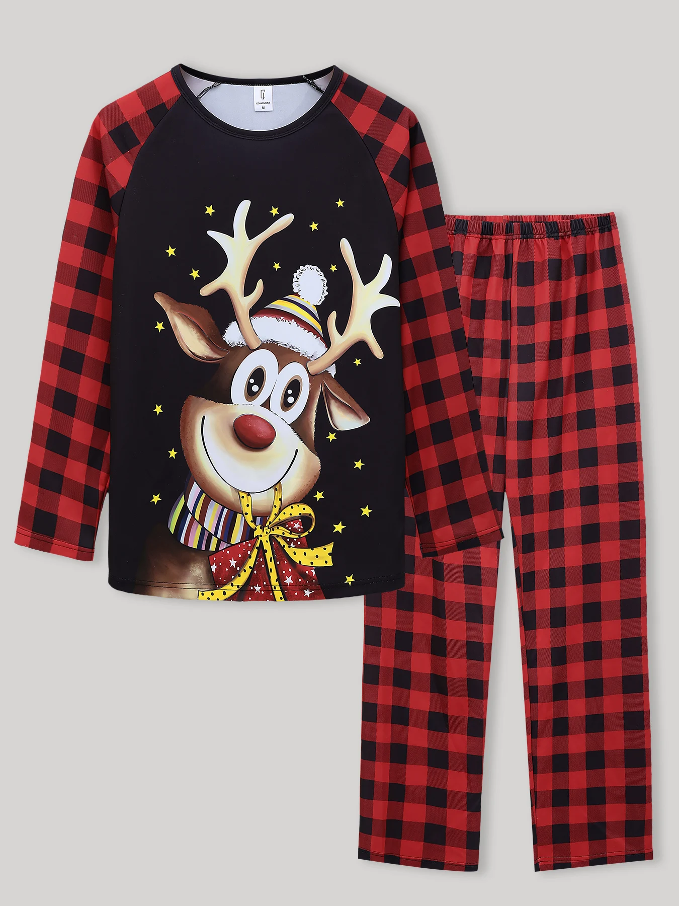 

Men's Funny Cartoon Print Pajama Set 2 Piece Set Long Sleeve & Plaid Pants Comfortable Loungewear