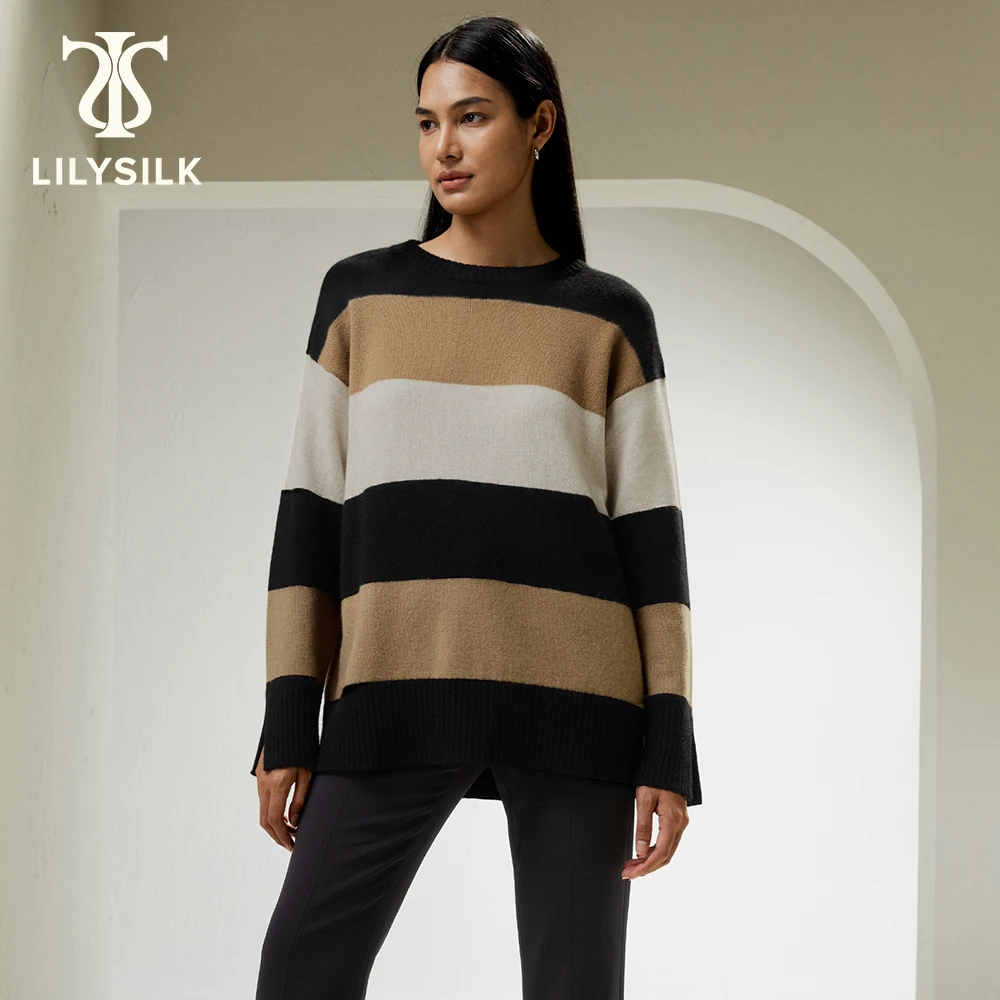 LILYSILK Cashmere Sweater for Women 2023 Winter Tri-colored Stripe Oversized Slit Cuffs Luxury Casual Clothing  Free Shipping