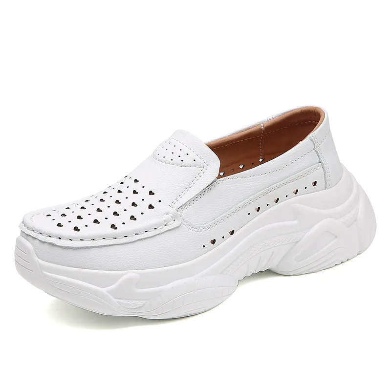 Summer Hollow-out Nurses' Shoes Women's Shoes Casual White Soft Leather Comfortable Thick-soled Work Shoes