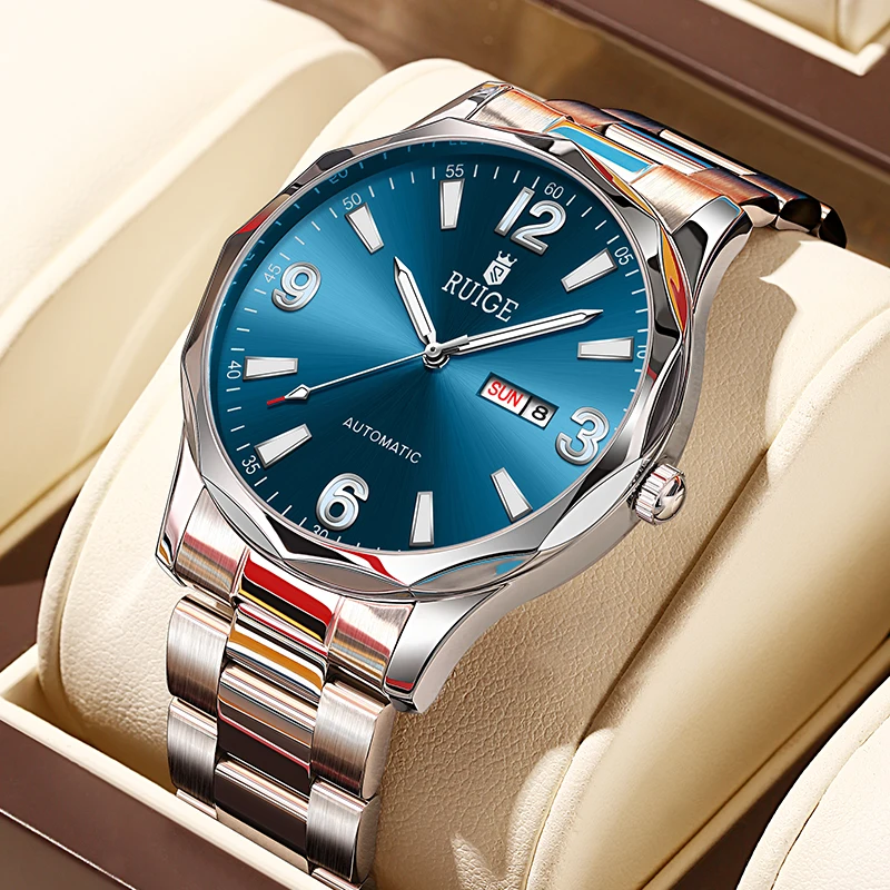 

RUIGE Новый недельный календарь, мужские полностью автоматические механические часы из нержавеющей стали, мужские водонепроницаемые часы с ночником
