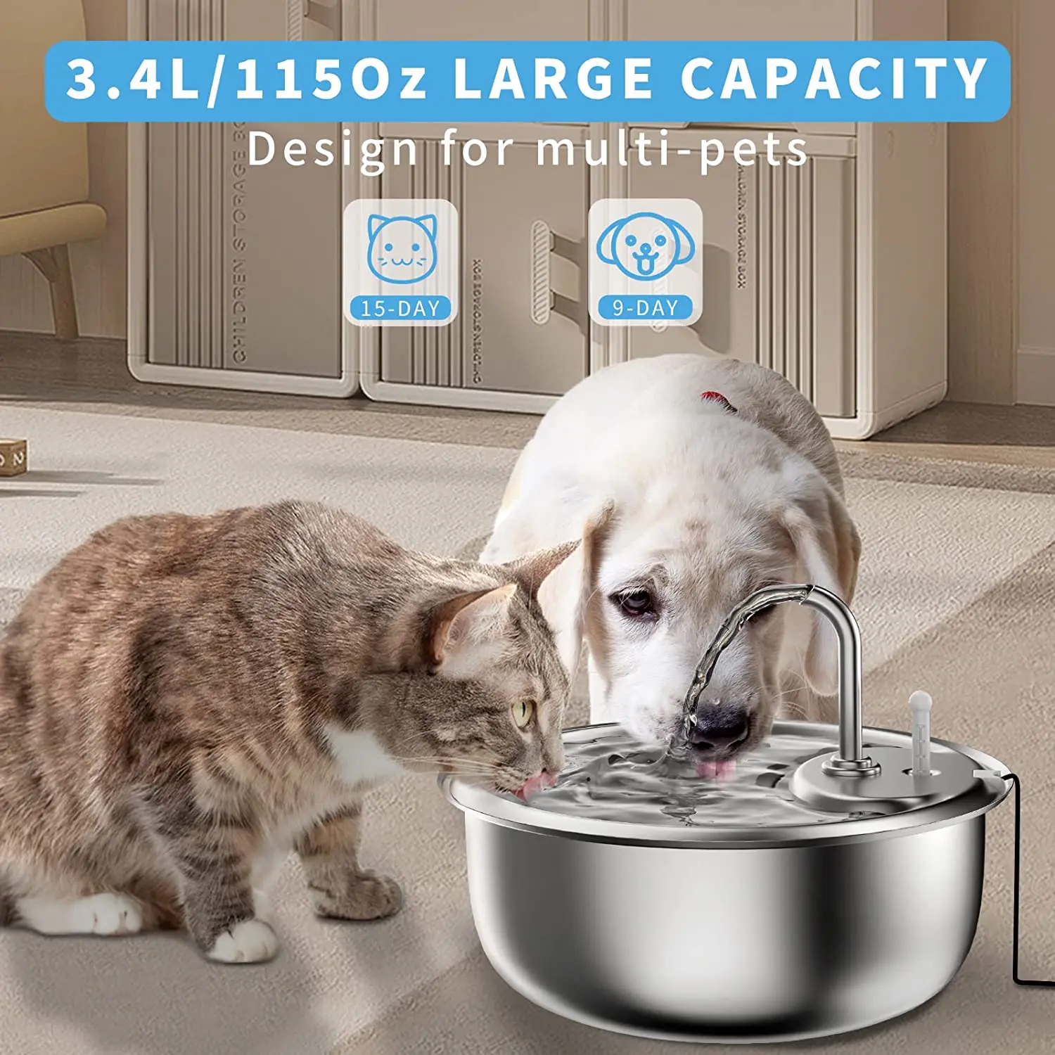 Pet Automatic Water Fountain 3.4L Large Capacity Stainless Steel Pet Water Dispenser Double Filtration System Washable US plug