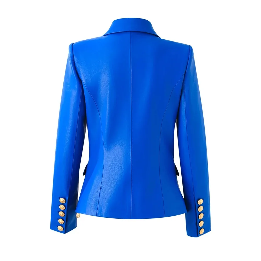 2024 Spring High Quality Autumn Lady Office Fashion Pu Coat Slim Fitted Double-breasted Women Long Sleeve Solid Blazer