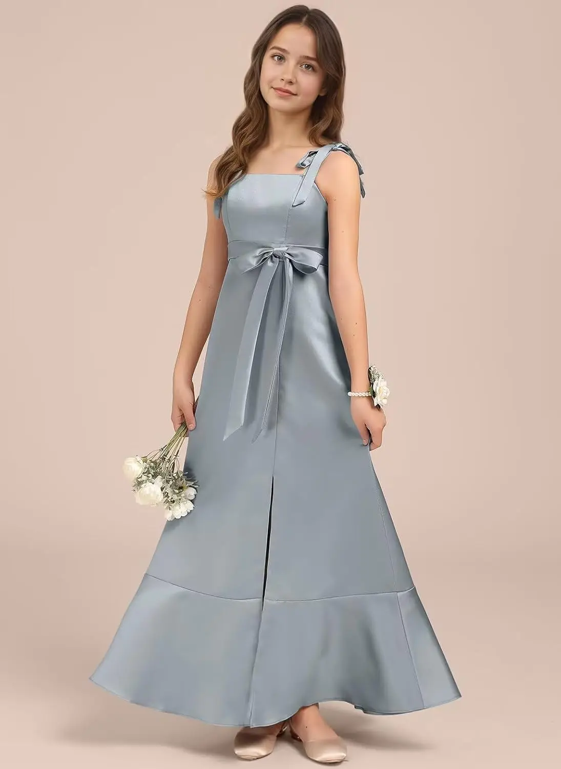 Girls A-Line Junior Bridesmaid Dress with Slit Silk Satin Flower Girl Dress  Flower Girl Dresses for Weddings