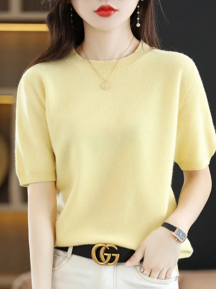 New Fashion Women Summer T-shirt Merino Wool O-neck Short Sleeve Pullover Cashmere Sweater Basic Soft Comfy Clothing Korean Tops