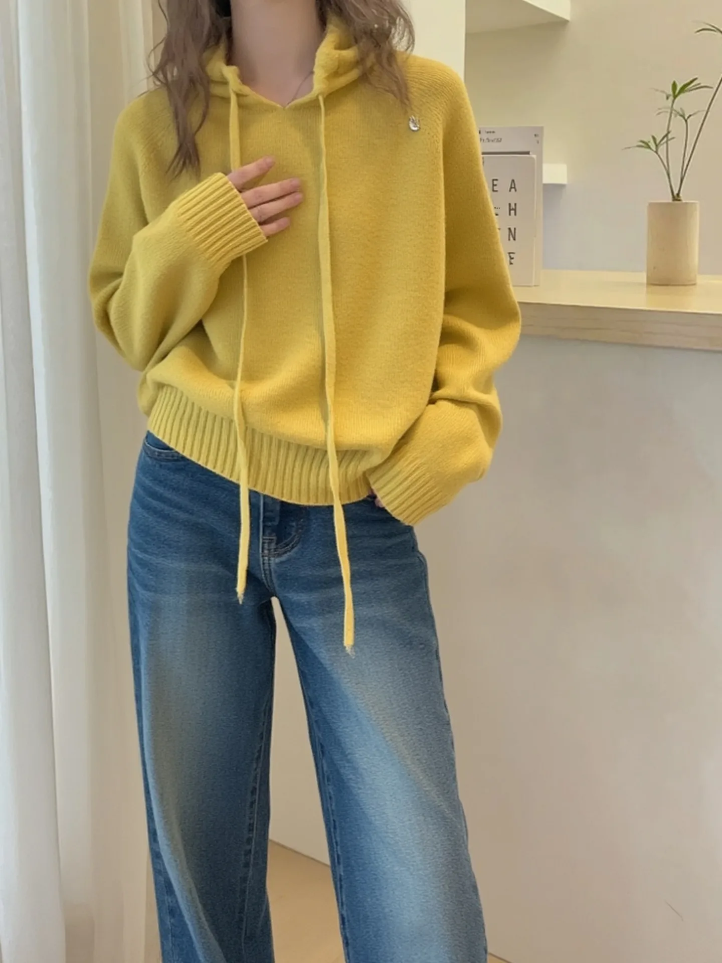 

Ladies Thiened Woolen Knitted Sweater Hooded Casual Sle Winter Faion Korean Version Pure Color Loose Fit Comfortable Wear