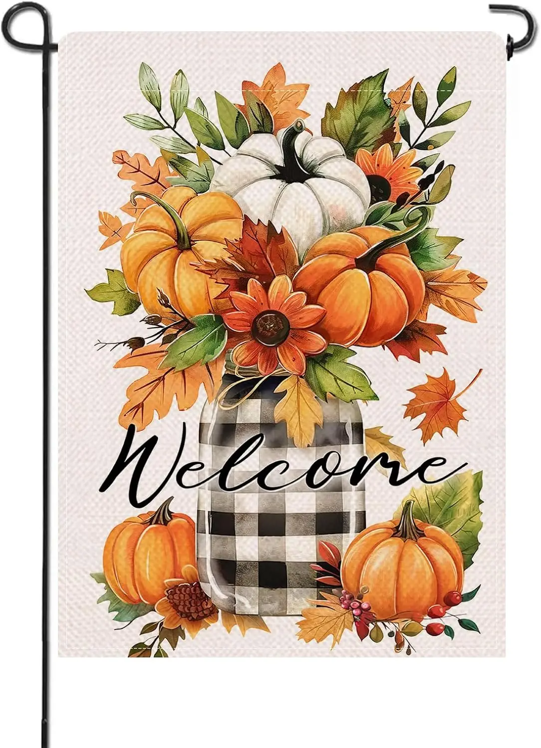 Artofy Welcome Fall White Pumpkin Small Decorative Garden Flag, Autumn Thanksgiving Buffalo Plaid Mason Jar Yard Lawn Outsid UUN