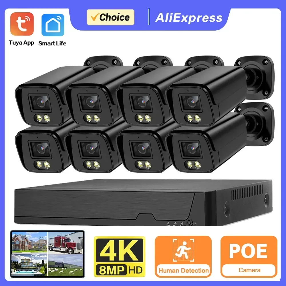 

Tuya 4K POE IP Camera Security System Set 8MP 8CH NVR Kit Outdoor Waterproof Audio CCTV Video Surveillance Camera System Kit 4CH