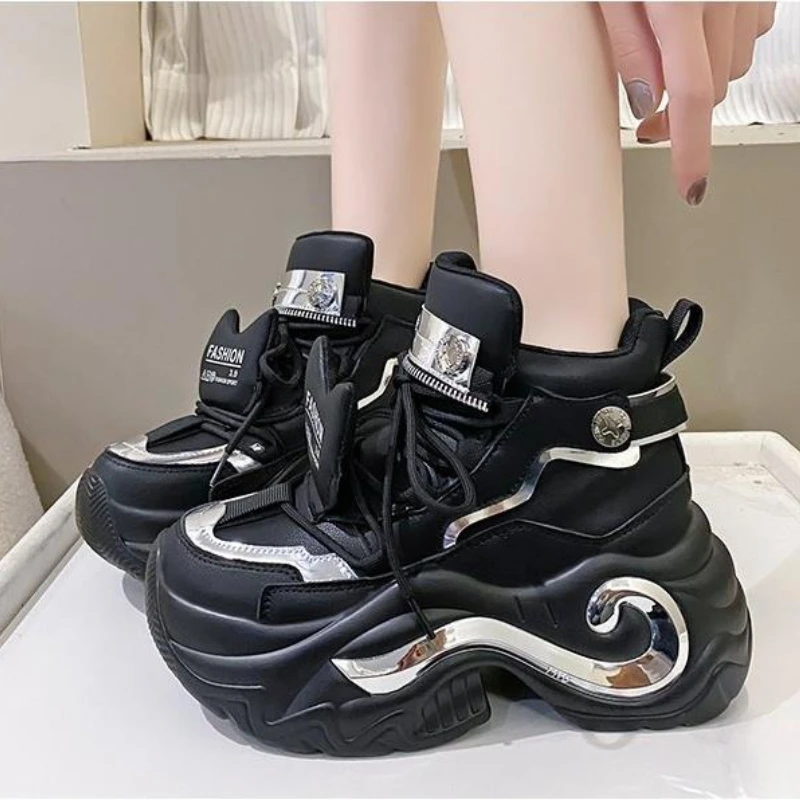 6,5 CM Dicken Boden Chunky Turnschuhe 2023 Neue Herbst Frauen Hohe Plattform Sport Schuhe Frau Casual Keile Leder Papa Schuhe