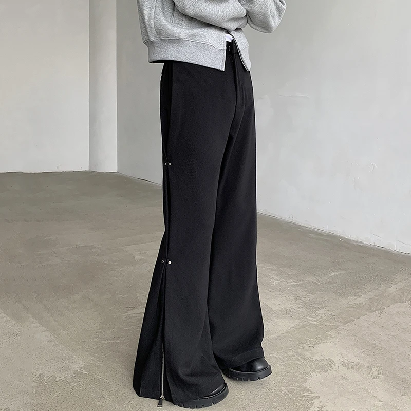 FEWQ Niche Metal Deconstruction Design Flared Trousers Darkwear Pleated Solid Color 2024 Korea Fashion Male Trousers 24E2083