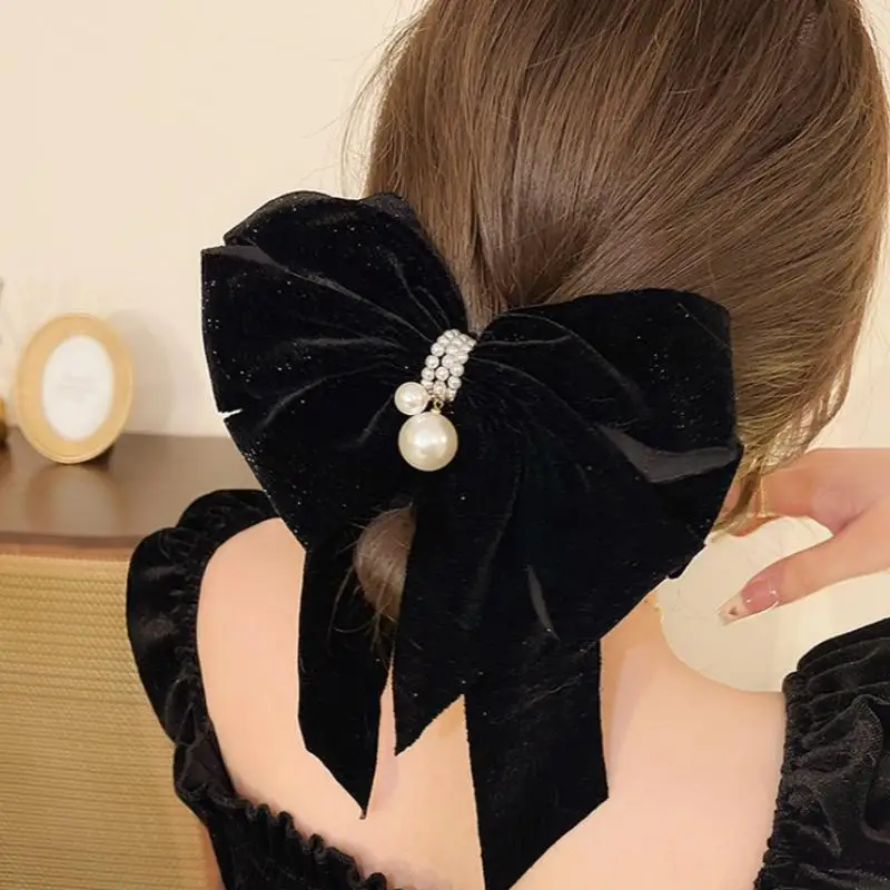 Forcina con fiocco in velluto con temperamento alla moda per donna, dolce copricapo da principessa, fermaglio per capelli sul retro della testa, accessori per capelli di Capodanno
