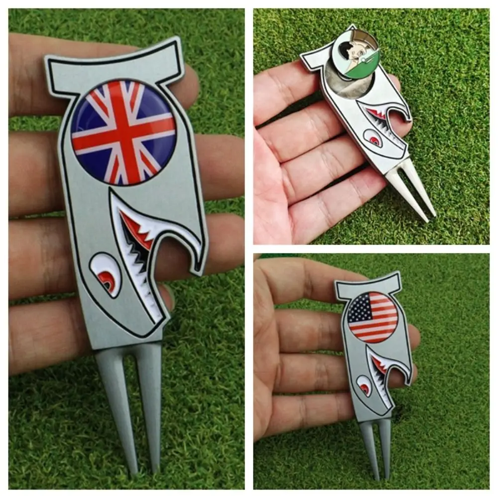 Golf Divot Tool Shark Golf Green Fork Zinc Alloy Multifunctional Golf Ball Marker Portable Magnetic Divot Fork Golf Club