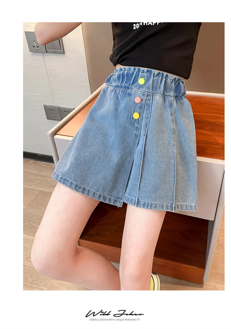 Neue Sommer-Jeansshorts für Kinder, Unterrock für Teenager-Mädchen, Lässiger Rock mit Shorts, Bunte Jeans-Culottes mit Knöpfen für Kinder – Detail 8