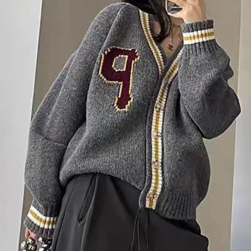 Women Printed Letter Cardigan Sweater Coat Preppy Style Loose Buttons Up Coat Knit Casual Jacket Women 2023 Autumn Winter