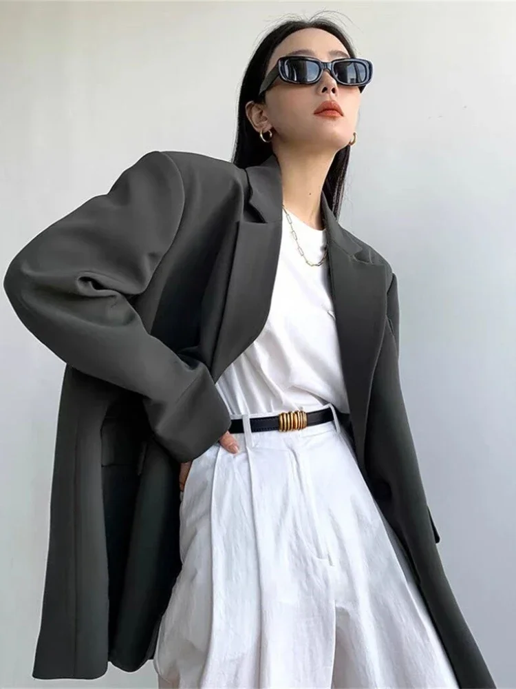 Blazer a maniche lunghe larghi da strada alla moda Cappotto da donna da ufficio casual con bottone singolo All-match Blazer da donna vintage solido