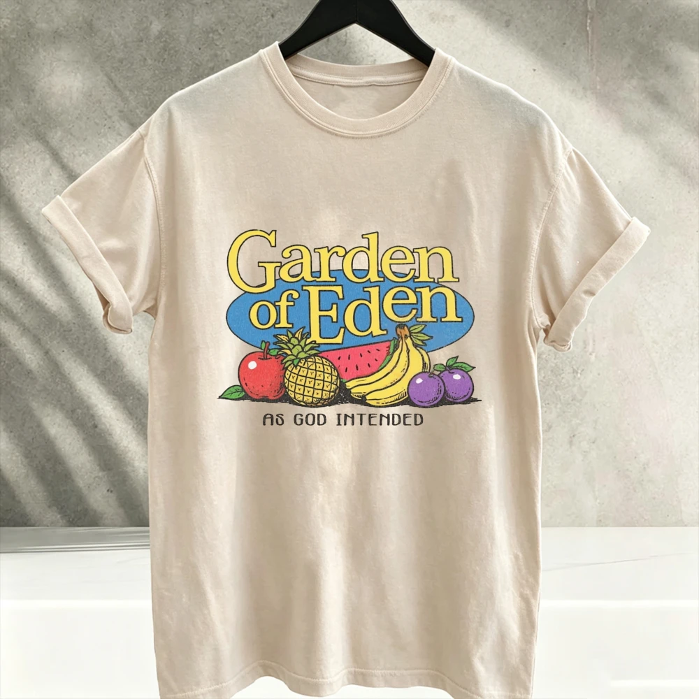 Garden of Eden Colorful Fruit Graphic T-Shirt Vintage Apple Banana Pineapple Print Casual Cotton Crew Neck Religious Retro Tees
