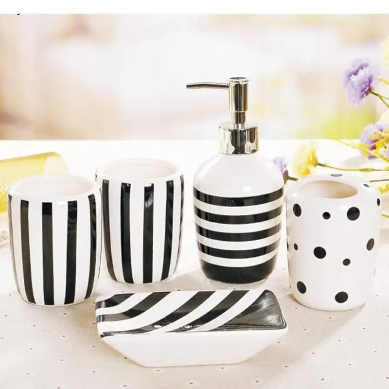 

Household Bathroom Kit Black and White Ceramic Toothbrushing Cup Mouthwash Lotion Bottle Decoration Accessories