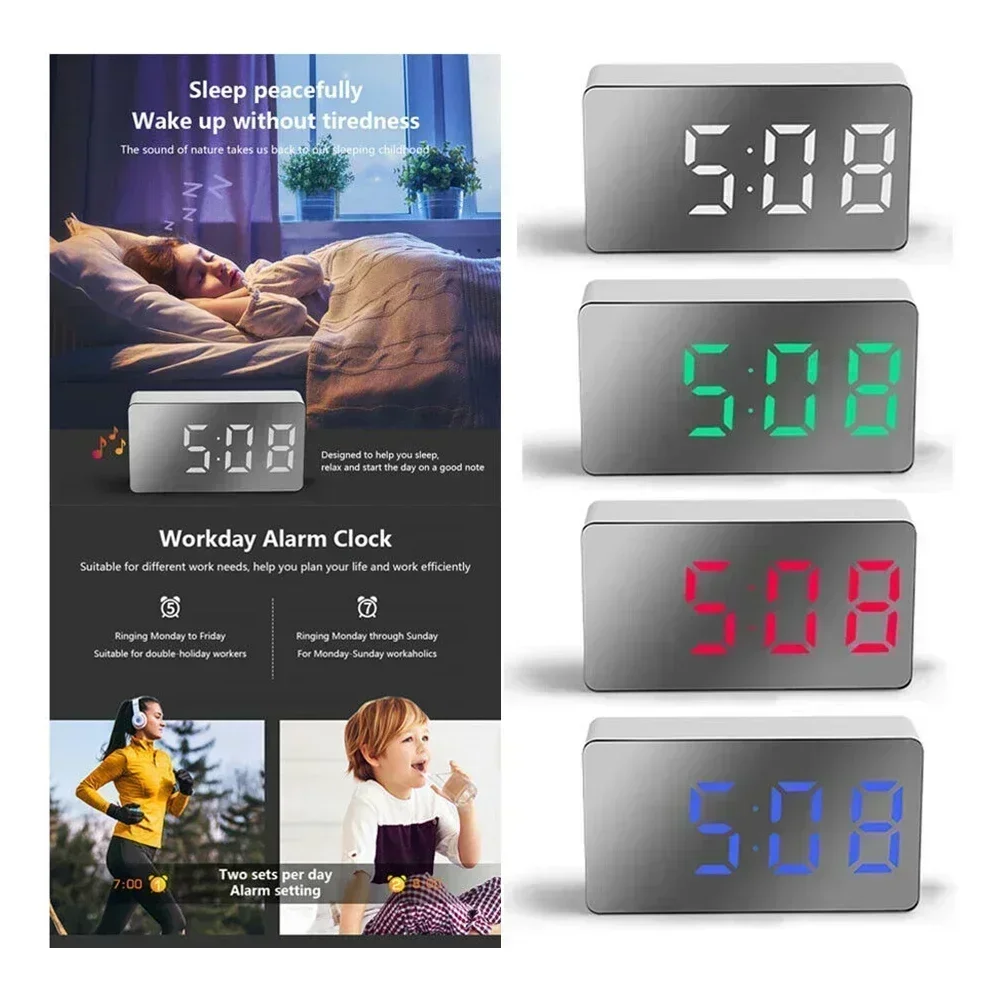 LED مرآة ساعة الطاولة إنذار رقمي الضوء الأحمر غفوة عرض الوقت ضوء الليل سطح المكتب USB ساعة تنبيه 5 فولت ديكور المنزل ساعة مكتب