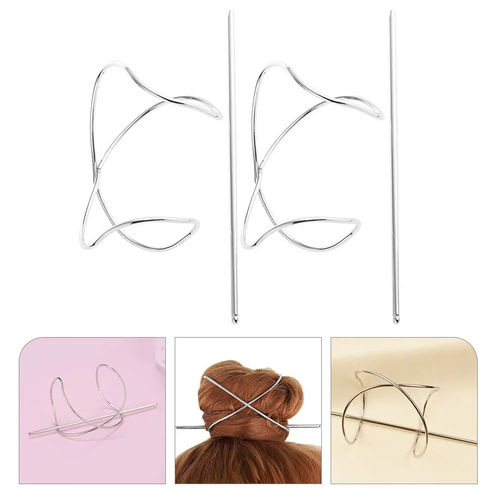 

2Pcs Hair Bun Holder Metal Silver Hairpins with Slide Stick Simple Classic Hair Accessories for Women Elegant Look