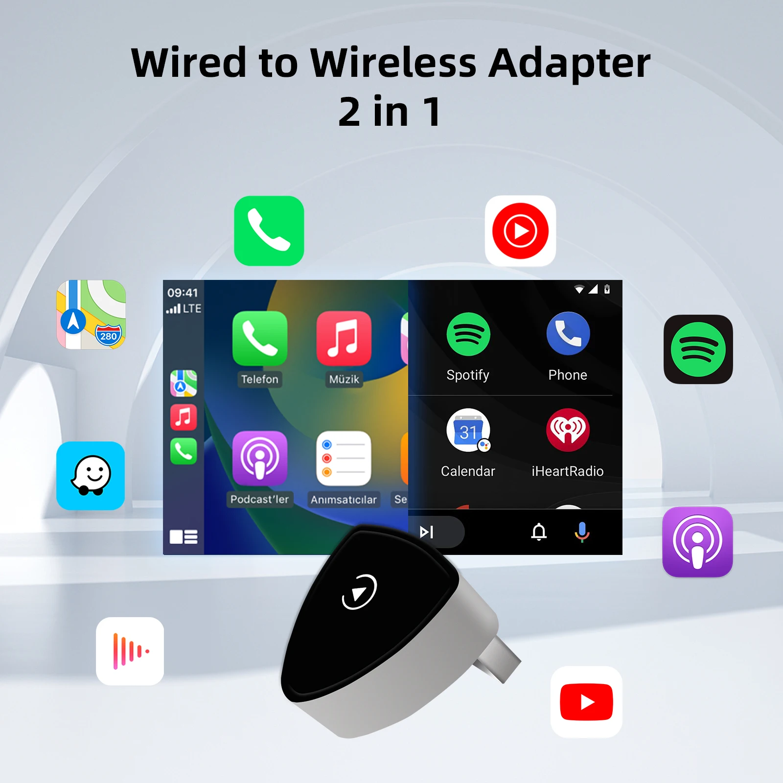 EzoneTronics Kabelloser CarPlay- und Android Auto-Adapter für werkseitig verkabelte Fahrzeuge, kabelloses CarPlay & Android Auto 2 in 1