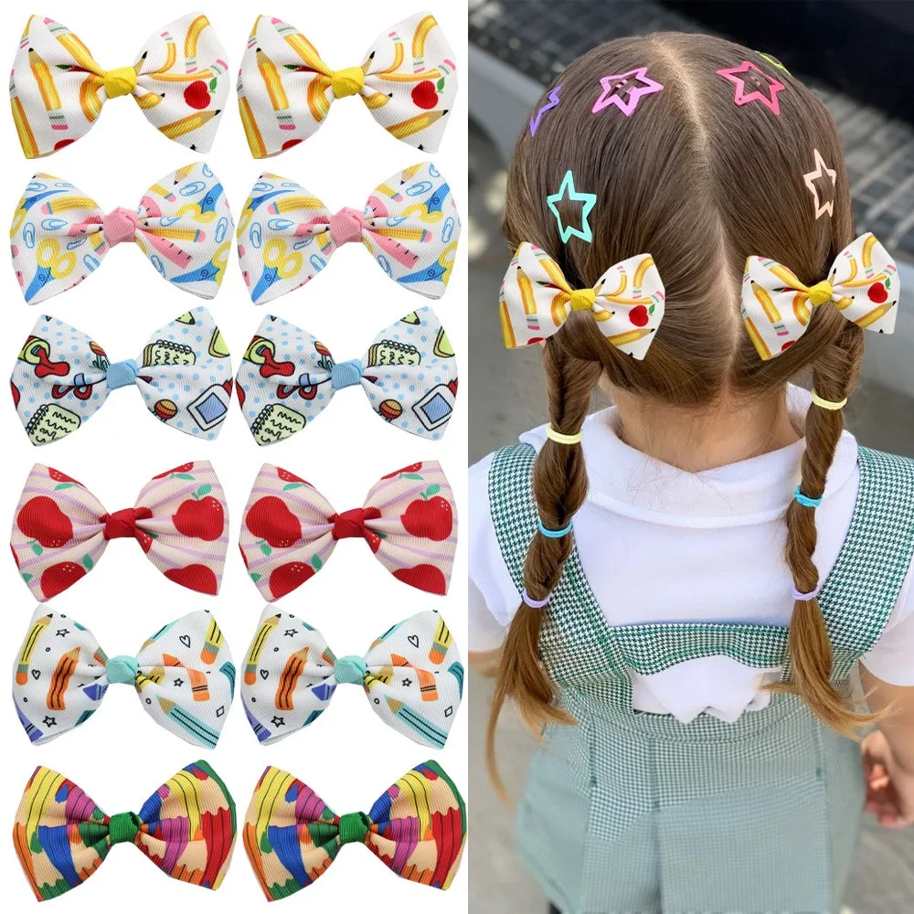 40pc Girls Grosgrain Ribbon Bow Hair Clips Apple Pencil Crayon Print Barrettes Hairpins Back to School Hair Accessories for Kid