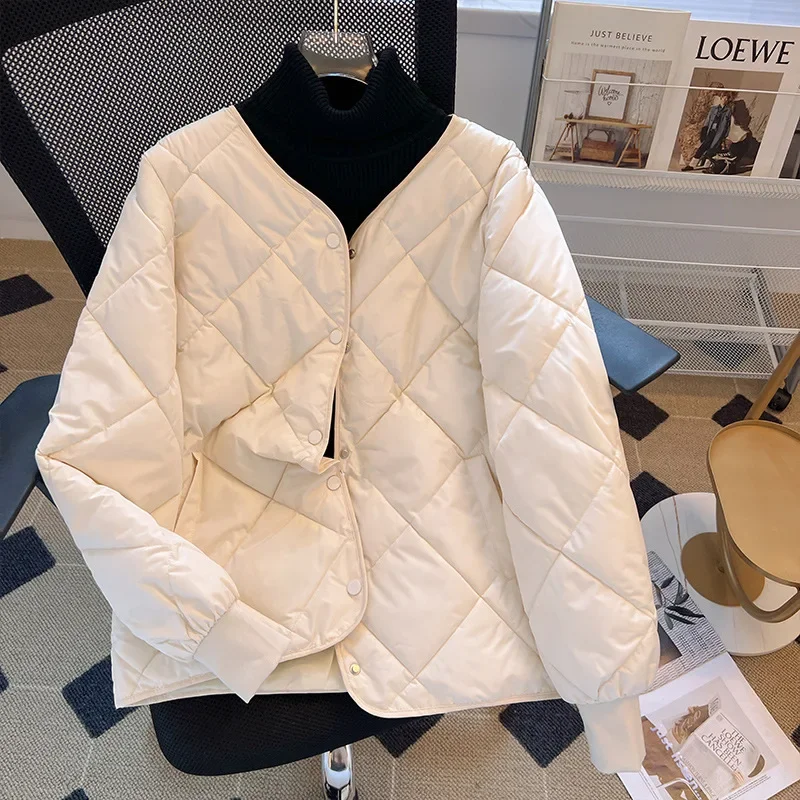 Winter Cotton-Padded Jacket for Women Autumn New Korean Sle Versatile Lightweight Rhombus Plaid Cotton-Padded Jacket