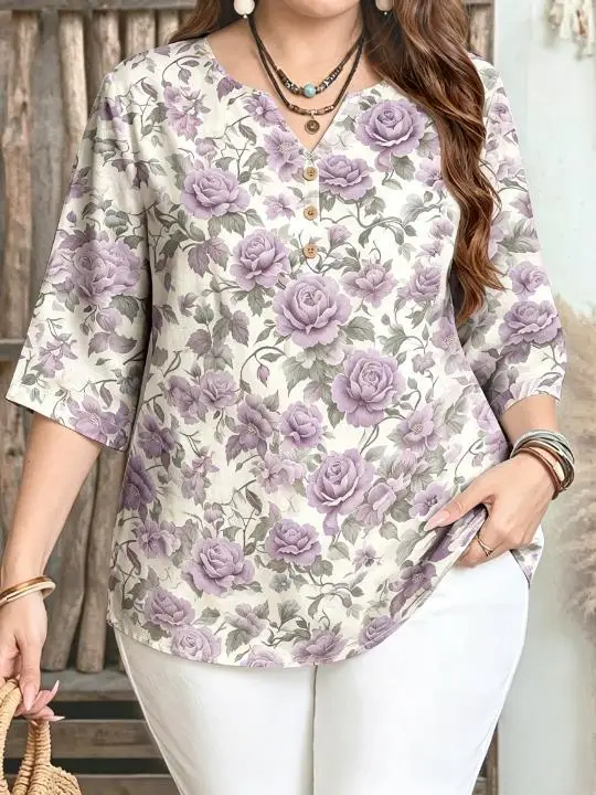 Women Vintage All‑Over Rose Floral Print Blouse For Curvy Figures Notched Neck 3/4 Sleeve Loose Casual Ladies Tops