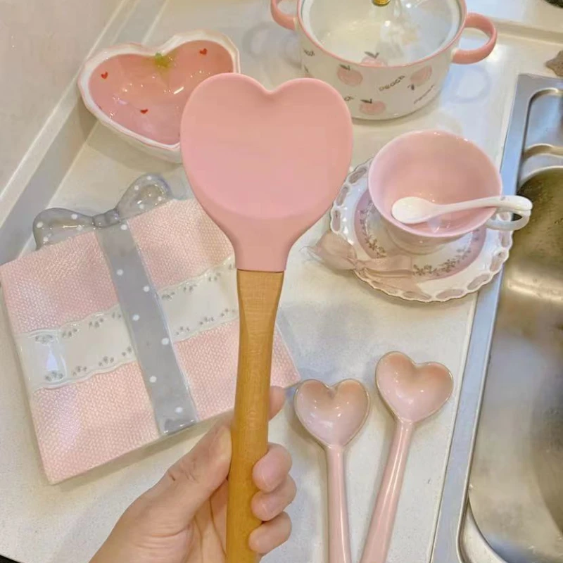 INS Cute Pink Love Pot Shovel Dormitory Girls' Kitchen Multi Use Kitchenware Long Handle Handmade Dessert Baking Tool Kitchen