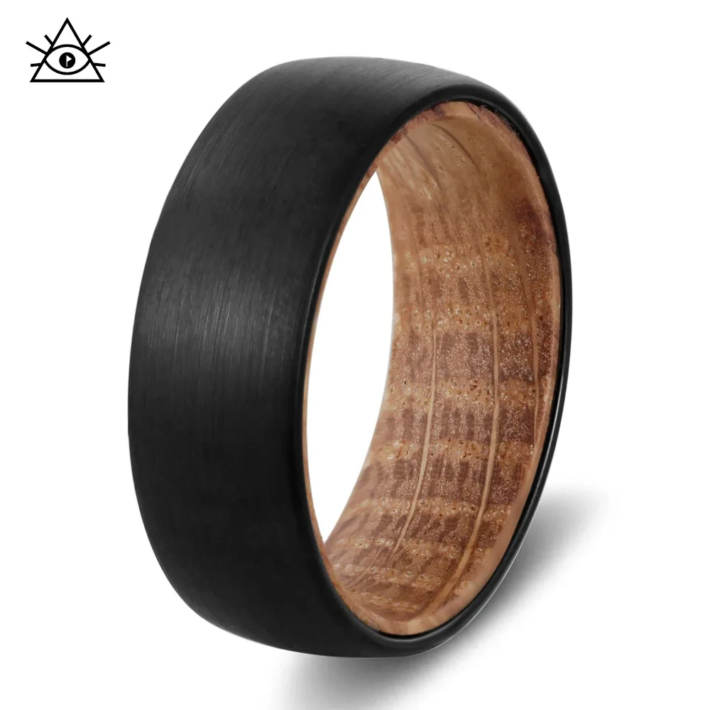 

Классическое деревянное кольцо для мужчин, минималистское кольцо из вольфрамовой стали с матовой черной сферической внешней оболочкой и внутренним круглом из цельного дерева