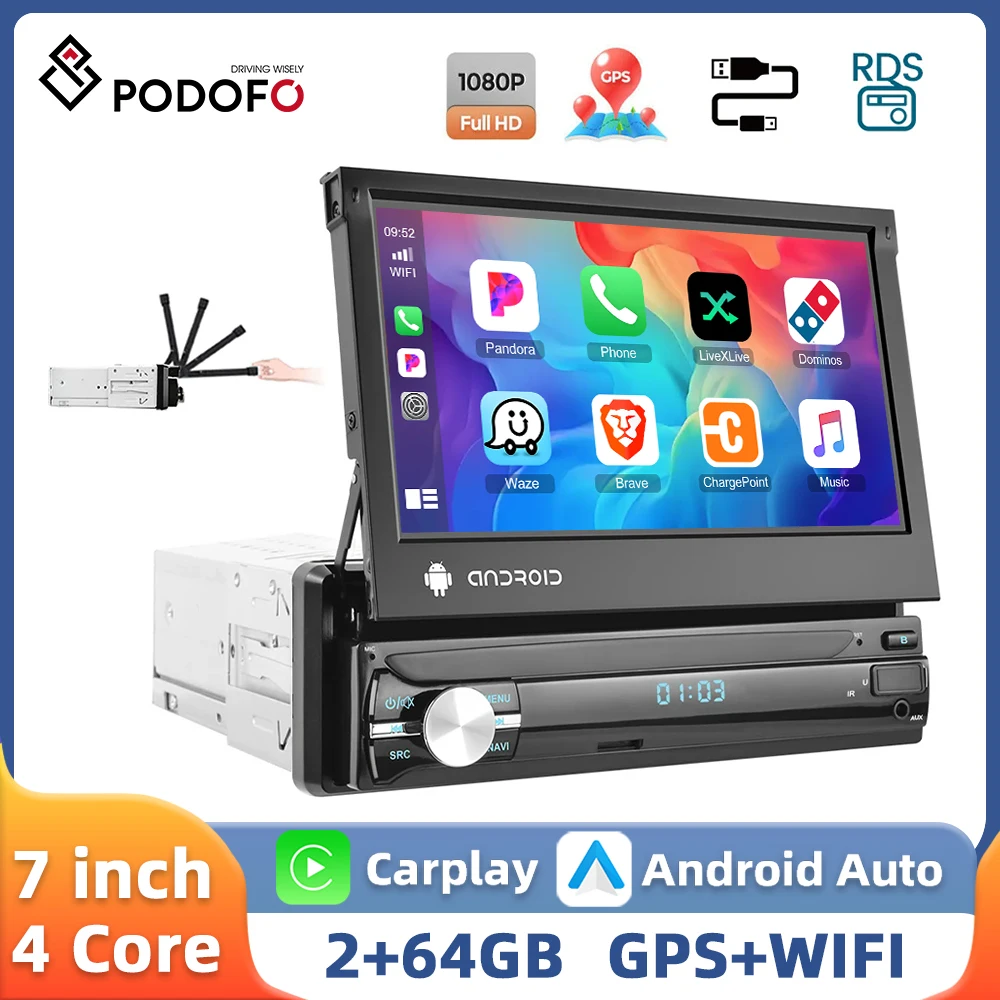 Podofo 7'' 1Din Car Radio Retractable Screen 2+64G Multimedia Player CarPlay Android Auto GPS Navigation WIFI FM/RDS Car Stereo