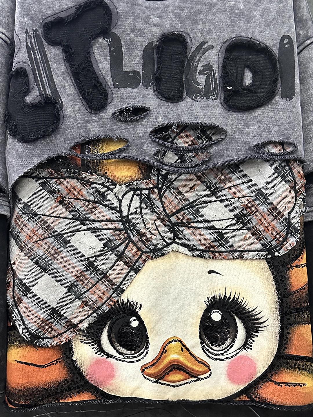 2025 Autumn Heavy Industry Distressed Fake Two-Piece Cartoon Crew Neck Sweatshirt for Women Loose Casual Fashion Versatile Top