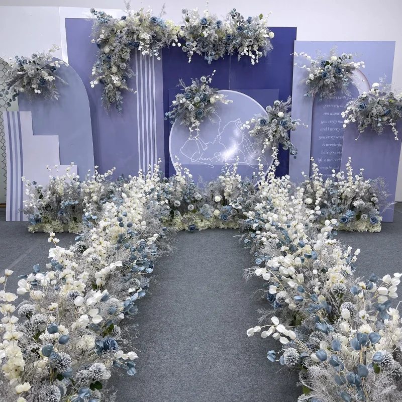 

Haze Blue Wedding Scene Decoration Stage Background Wall Fake Ground Arrangement Flower Road Leading Flower Corner Flower