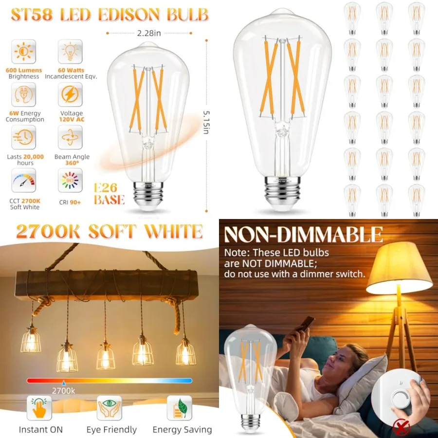 

Edison Bulbs 60 watt Equivalent LED, E26 Bulb Non-Dimmable, 2700K, ST58 Vintage Light Bulbs, 90+ CRI, 6W 600LM, E26 Medium Base