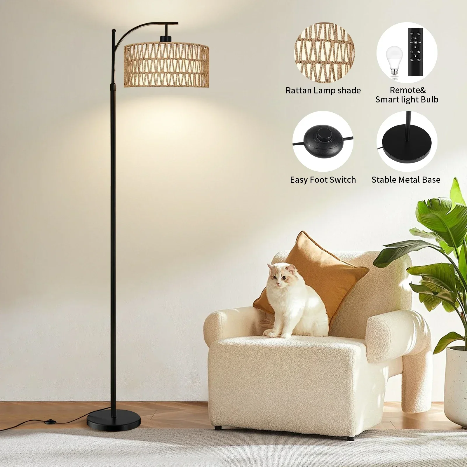 Artistic Floor Lamp with Handwoven Rattan Shade&Adjustable Height, 3-Tone Lighting&Remote Control for Indoor Lighting Decoration