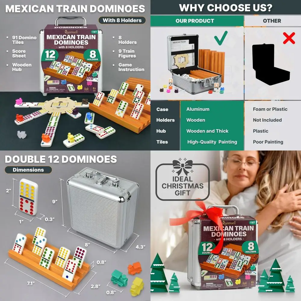 

Набор мексиканских поездов-домино с деревянной ступицей, 8 держателями и плитками с двойной 12 точками