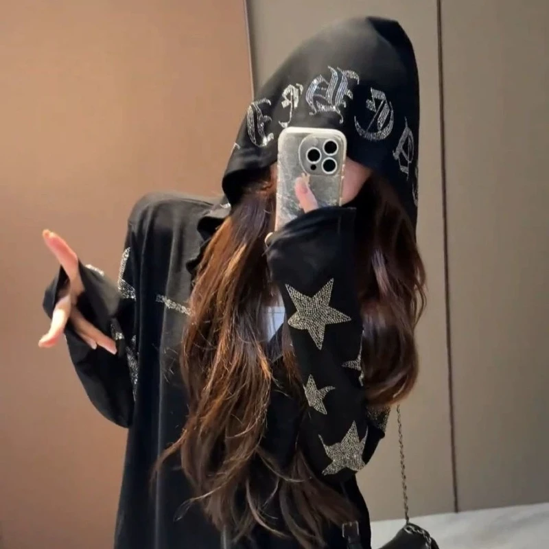 Japanese Gothic Vintage Hooded Thin T Shirt Women Y2K Sparkly Star Rhinestone Zip Up Long Sleeve Tees Harajuku Loose Casual Tops