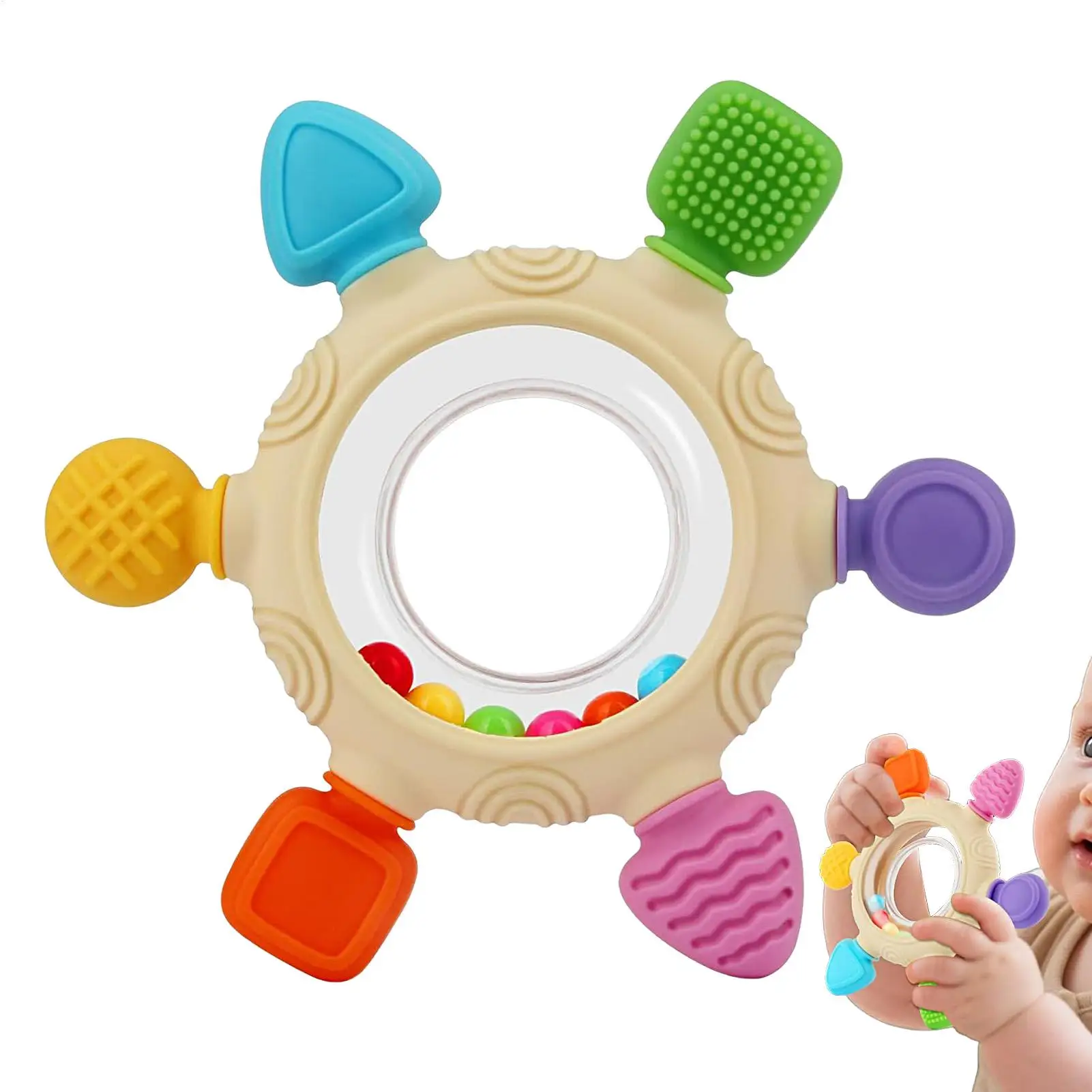 Teething Rings Sensory Baby Teether Pacifier Rattle Sensory Teether Relief Rings Rattle for Sleeping Daycare Travel Boy Girl