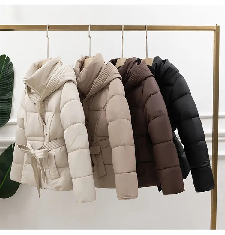 High End Down Cotton Jacket for Women Winter 2026 Fashion Slim Thicken Hooded Bread Coat Female Warm Parka Overcoat With Belt