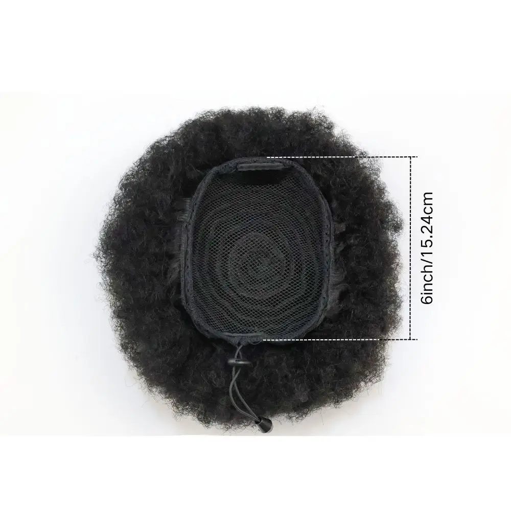6 Inch Afro Puff Drawstring Ponytail - 100% Human Hair Curly Ponytail Extension, Machine-Made Clip-In Ponytail with 2 Clips