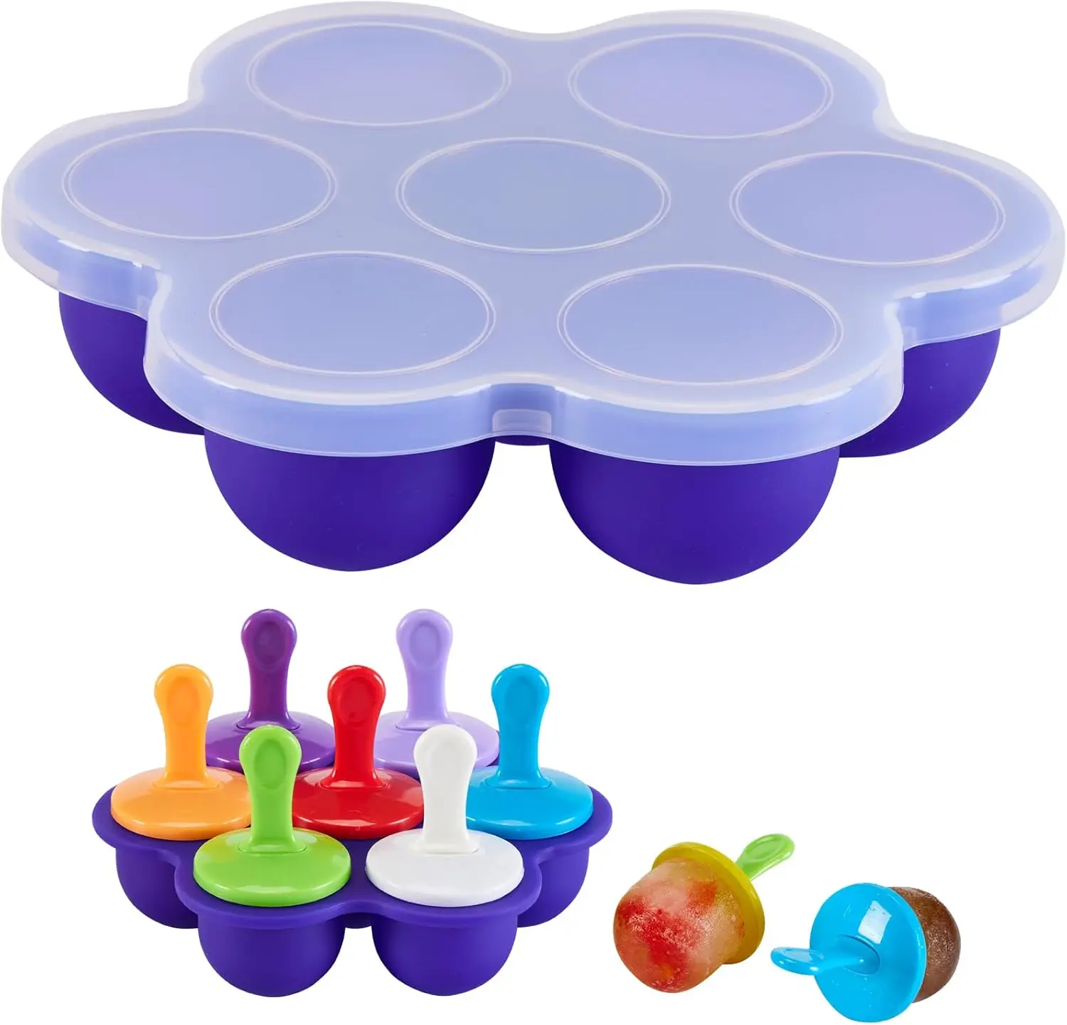 

7-Cavity Silicone Popsicle Molds with Lid, Non-Stick Ice Cube Trays for Baby Food Storage and Baking