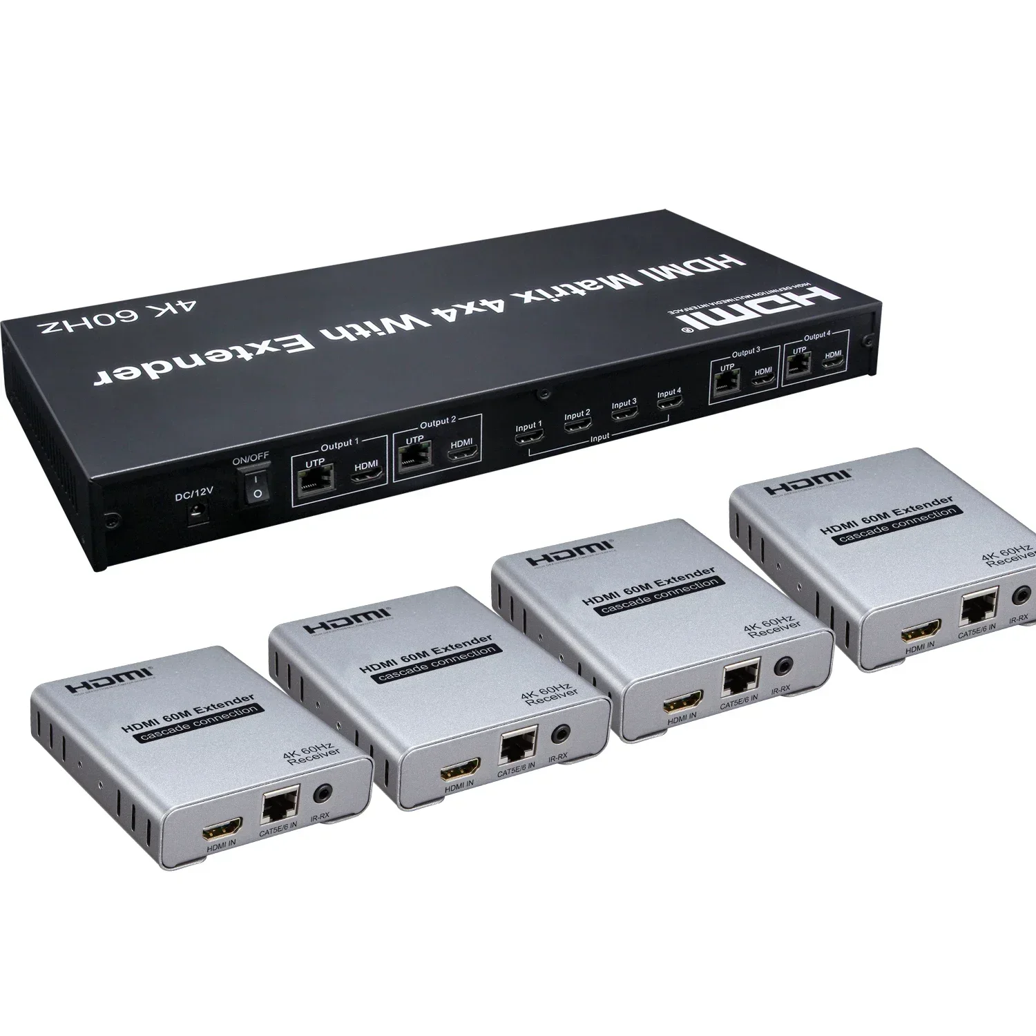 

4K 60Hz 4x4 HDMI Matrix with Extender Via Cat5e Cat6 Rj45 Ethernet Cable Video Switch Splitter 60m 120m Rj45 Receiver Optional